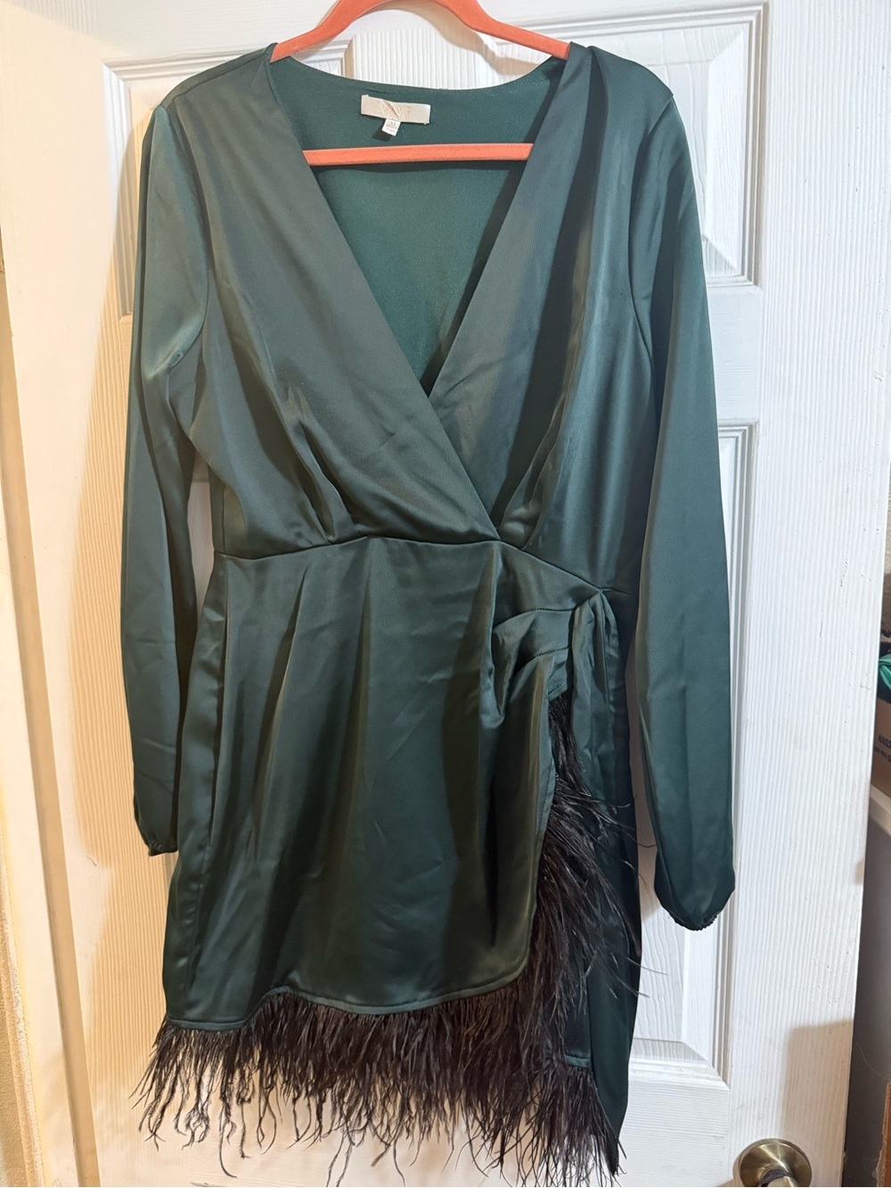 Emerald Satin Wrap Dress with Feather Trim